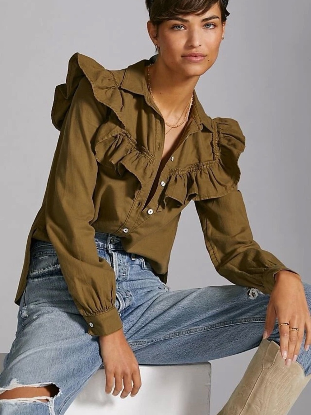 Pilcro Anthropologie Olive Green Ruffle Cotton Button Front Blouse Small